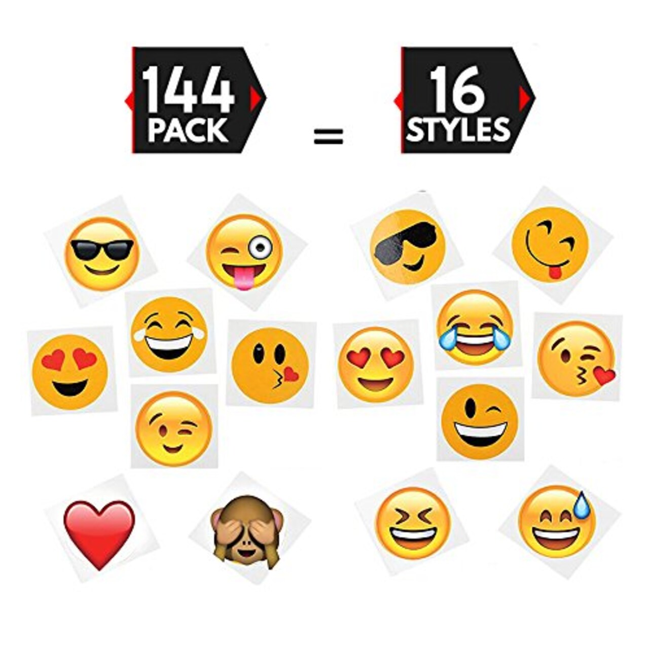 144 2" Temporary Emoticon Tattoos - 16 Assorted Emoticon Styles - Fun Gift, Party Favors, Party Toys, Goody Bag Favors